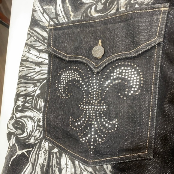 Y2K Baggy JNCO Style Graphic Denim Shorts Lightning Fleur-de-Lis Bling Detail - Picture 7 of 16